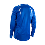 A royal blue long-sleeve athletic jersey shown from the back, featuring white graphic accents and the Leatt brand logo printed in white near the upper neck.