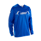 A royal blue long-sleeve athletic jersey with a white LEATT logo printed across the chest, displayed on a clean white background.